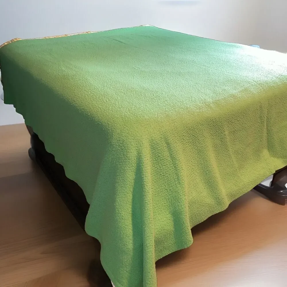 Vtg Lime Green Thermal Waffle Weave Blanket Full Queen 95x89‎ Yellow Satin Retro